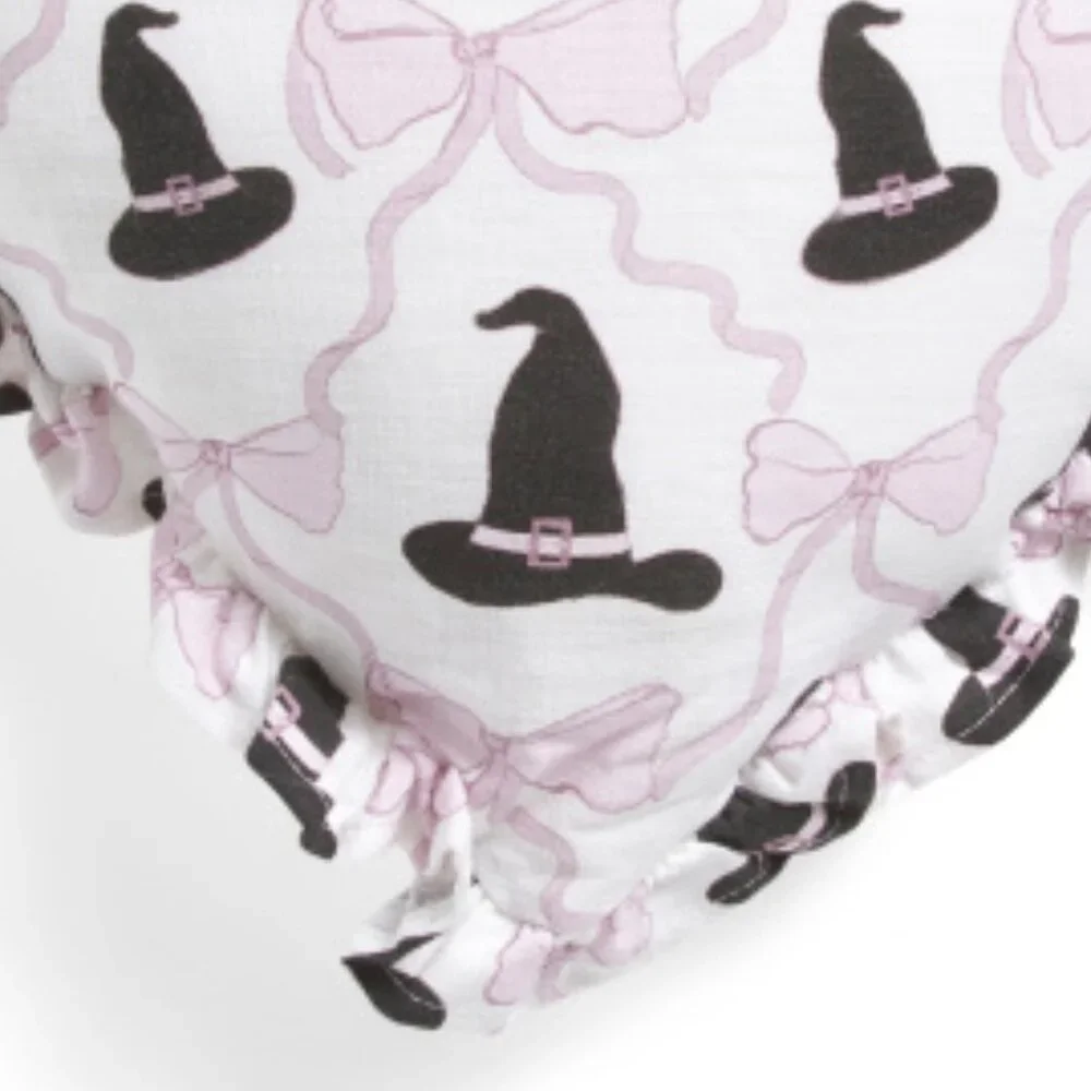 INDIGO 16x15 Witch Hat And Bow Printed Ruffle Pillow